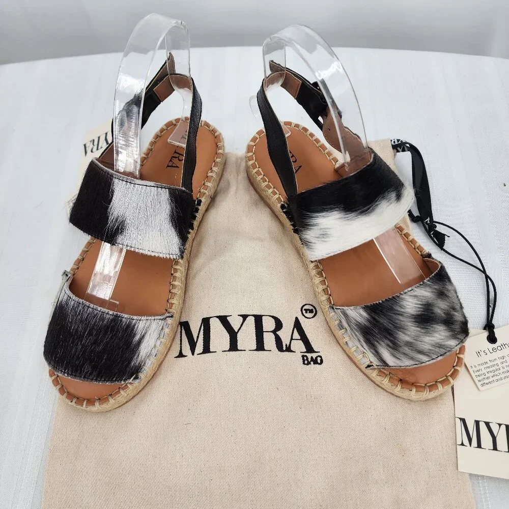 MYRA BAG Mignon Espadrille Hair-On Black & White Western‎ Sandals 6-10 NWT